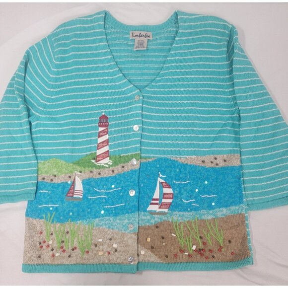 Timberlea Vintage Women's Button Up Sweater Cardigan Lighthouse Sailboats Sz XL - Picture 1 of 6
